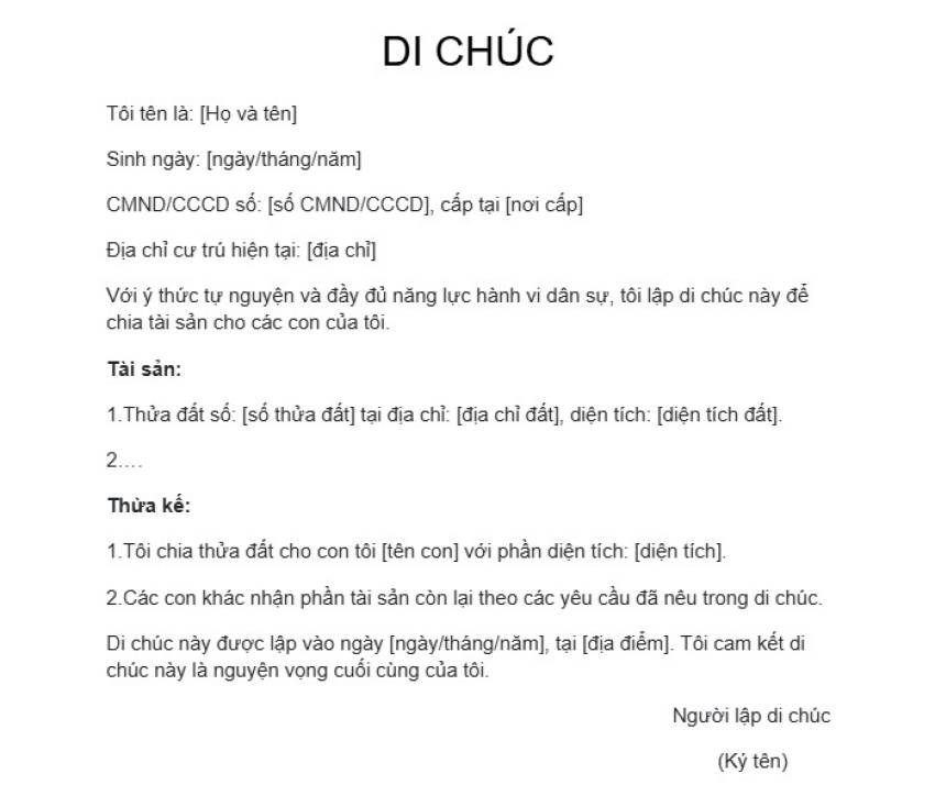 Mẫu di chúc chia đất cho các con