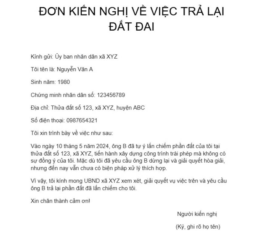 Mẫu đơn kiến nghị về đất đai